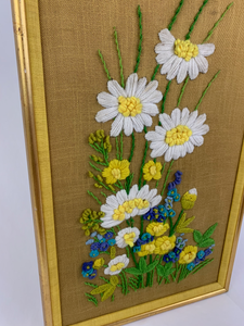 Floral Crewel Embroidery Wall Hanging- 1970's
