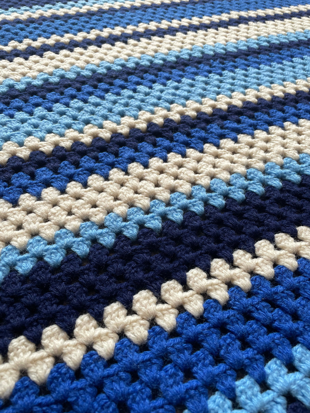 Hand Crocheted Blue Striped Afghan