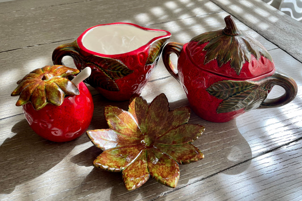 Strawberry Cream & Sugar Set with Jam Jar and Spoon Rest