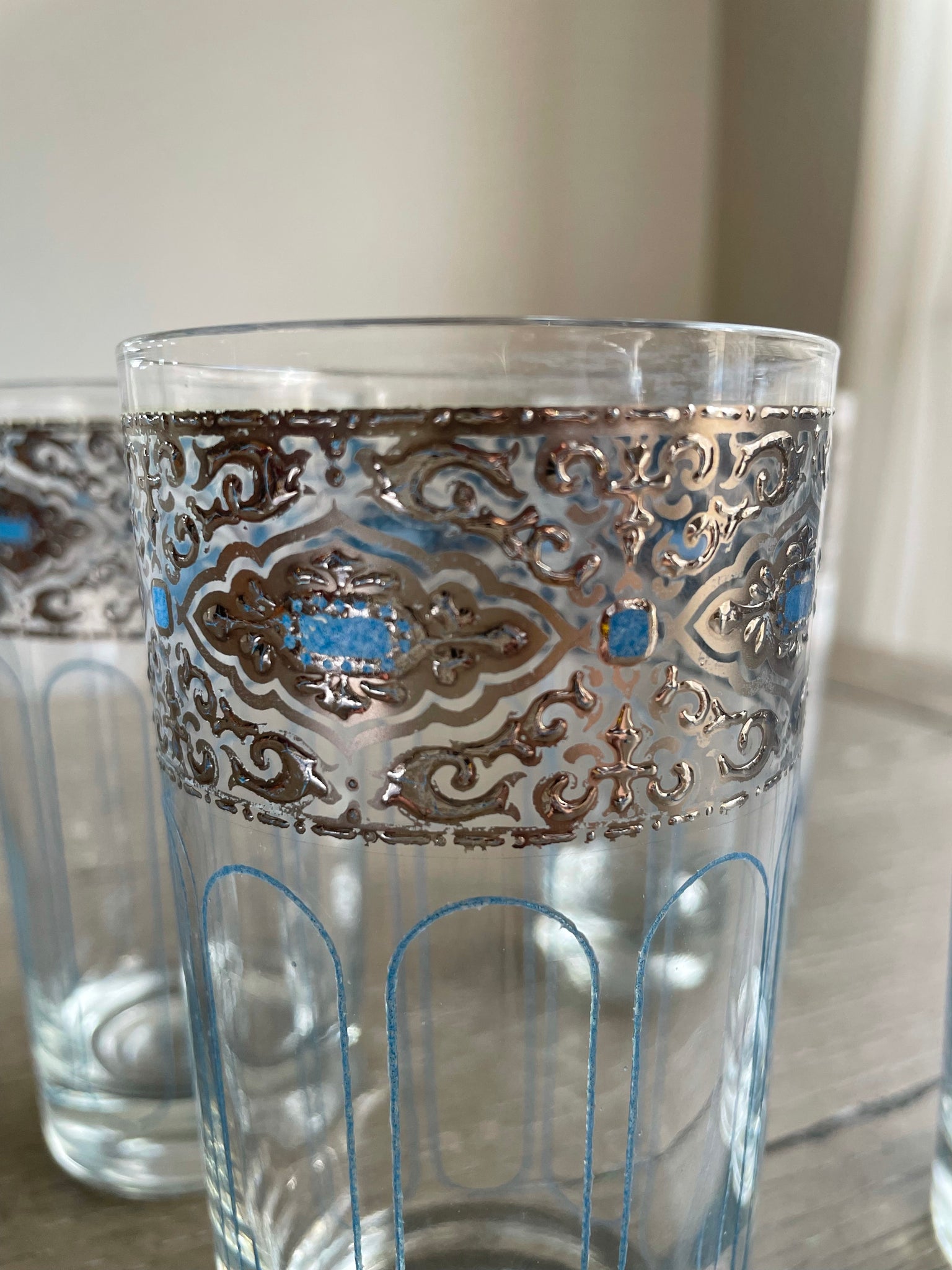 Silver and Blue Tom Collins/ Highball Glasses –